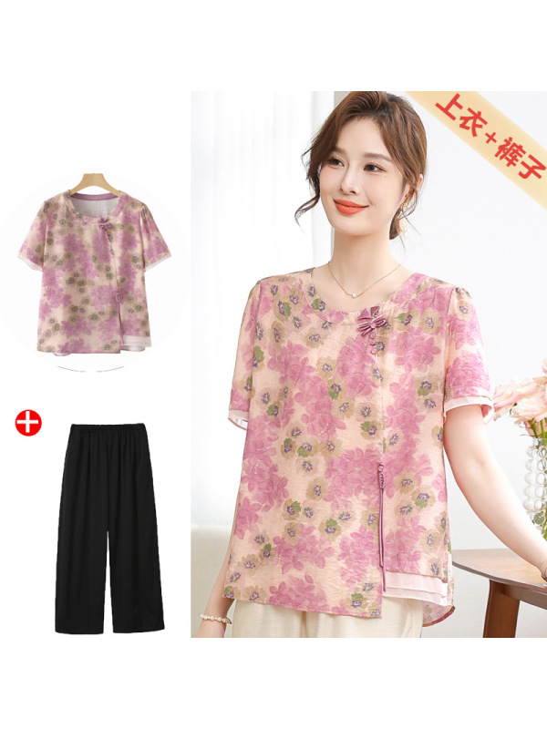 年女装短袖妈妈套装时尚中老年人衣服两件套中年夏装女印花款