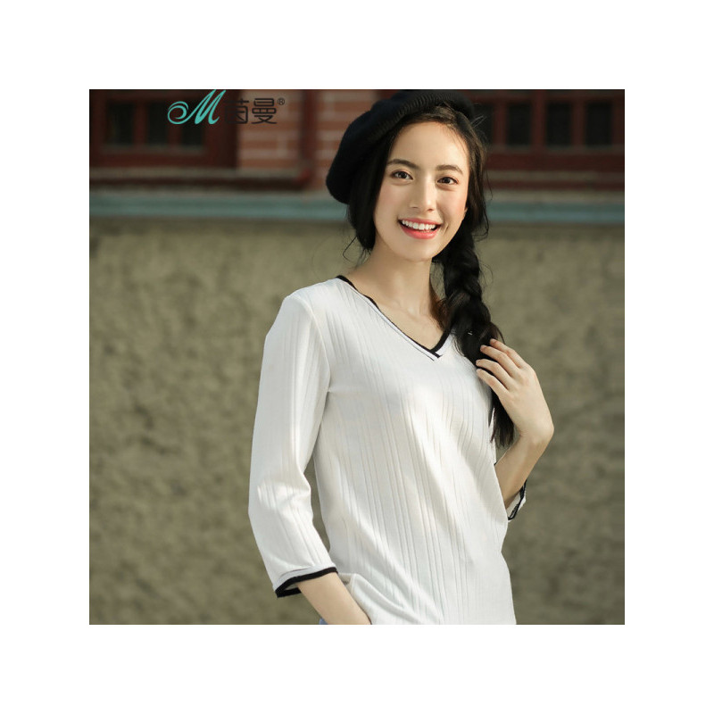 茵曼秋新款撞色V领七分袖T恤纯色百搭显瘦女上衣白色打底衫1873023168