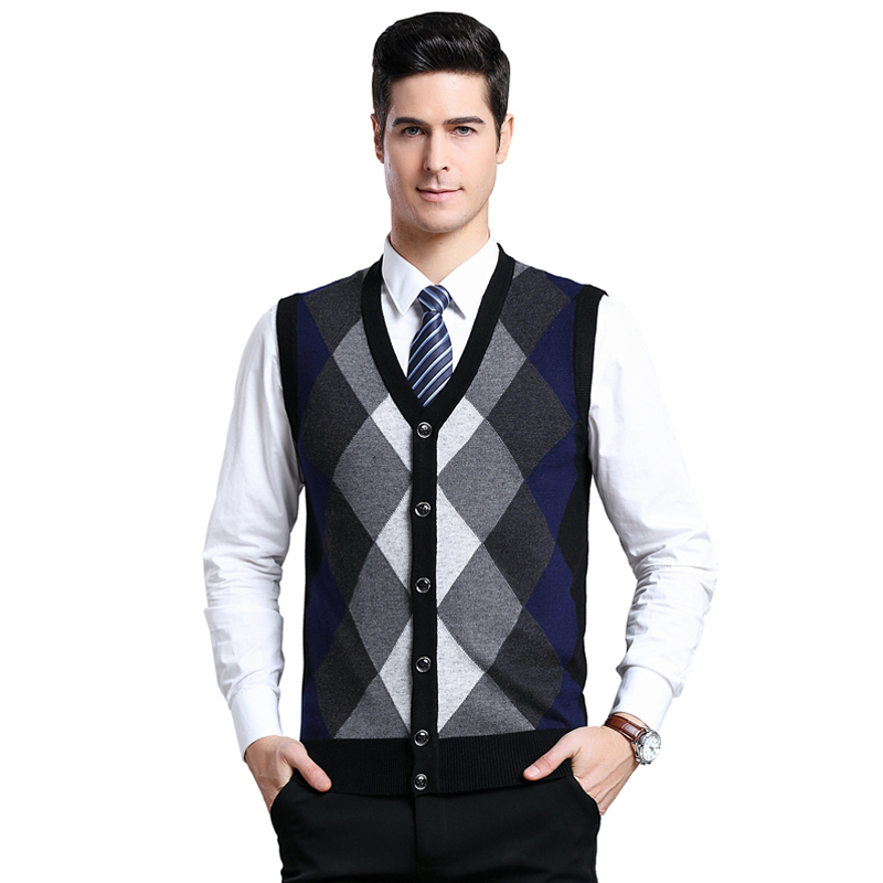恒源祥男士羊毛马甲秋冬款男装菱形v领羊毛马甲坎肩无袖毛衣针织衫