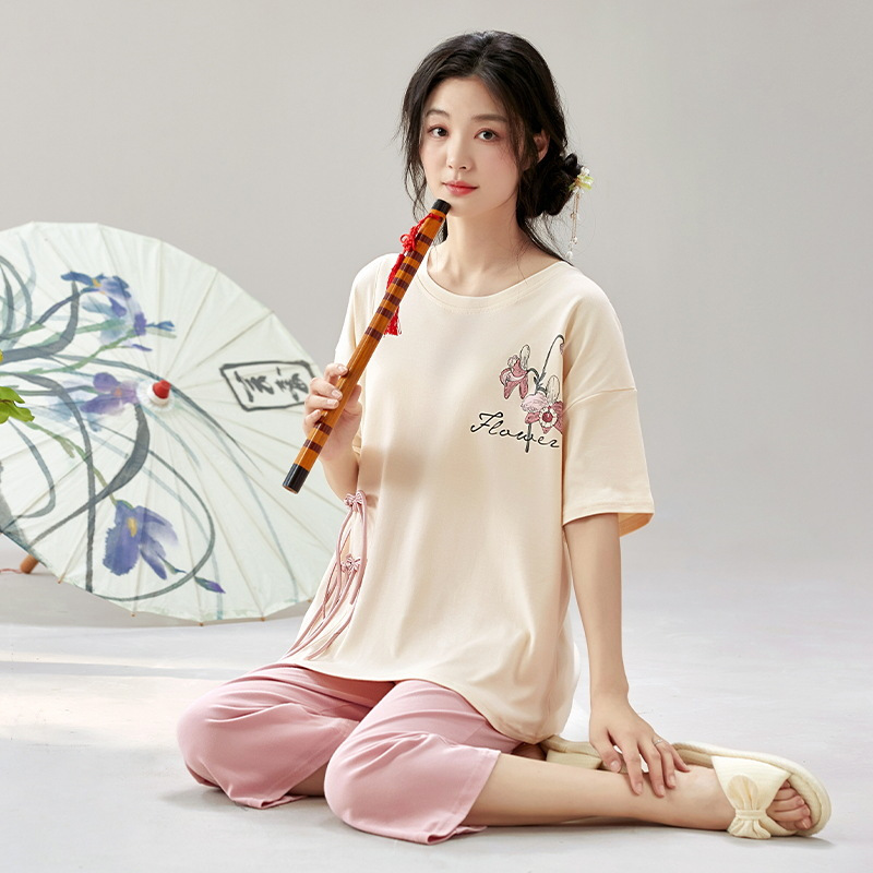 国风新中式新款棉质套装夏季女士短袖七分裤休闲家居服薄款可外穿