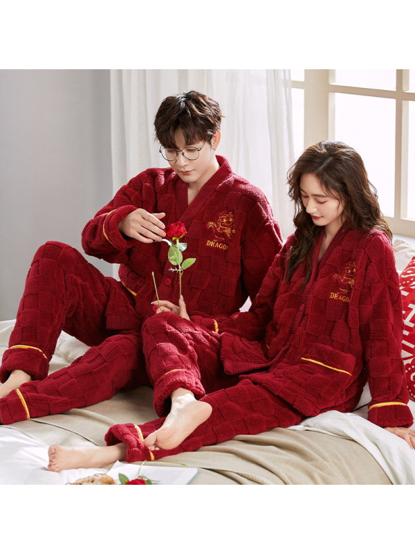 情侣睡衣女秋冬喜庆加绒加厚开衫法兰绒男士家居服新婚本命年红色