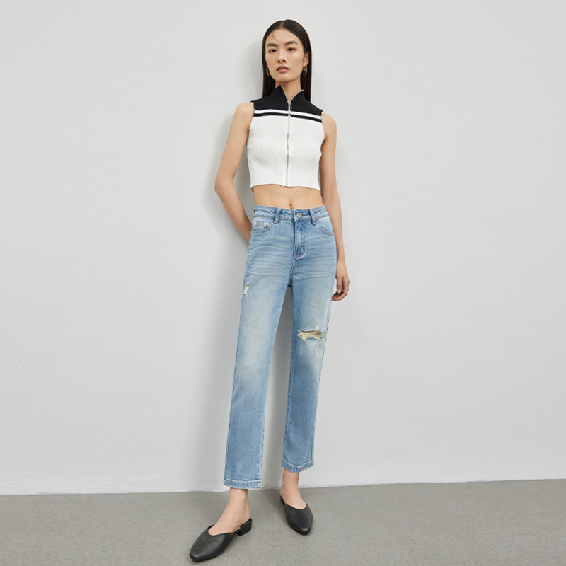 Ceen Bulled浅蓝牛仔裤女2023新款微弹显瘦九分破洞直筒裤