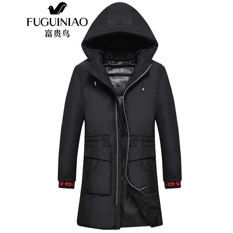 富贵鸟FUGUINIAO中长款羽绒服男装2018冬季新款保暖外套连帽纯色简约韩版时尚休闲修身上衣服黑色