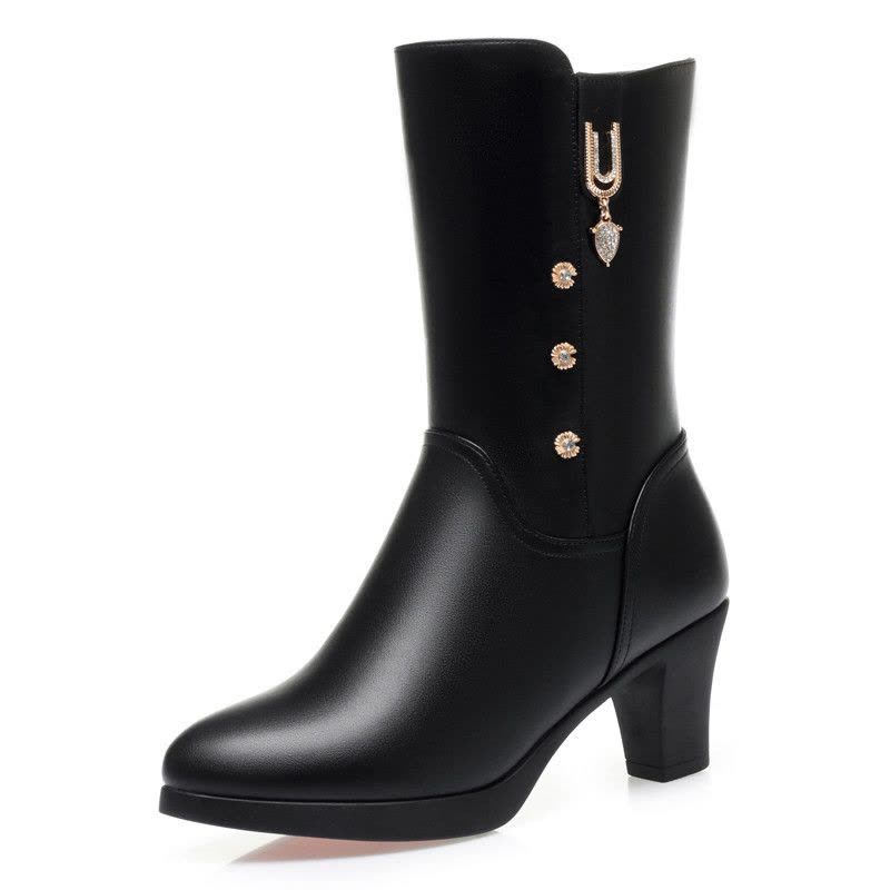 中筒靴子冬季新款舒适软底高跟女靴子加绒保暖中老年女士棉靴皮鞋图片