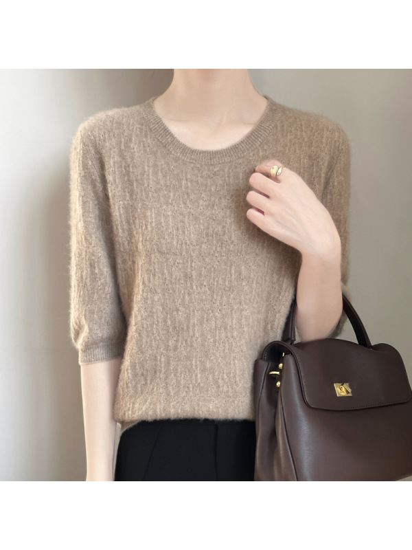 安迪绒圆领针织衫2025年春季新款镂空五分袖宽松套头打底衫上衣女