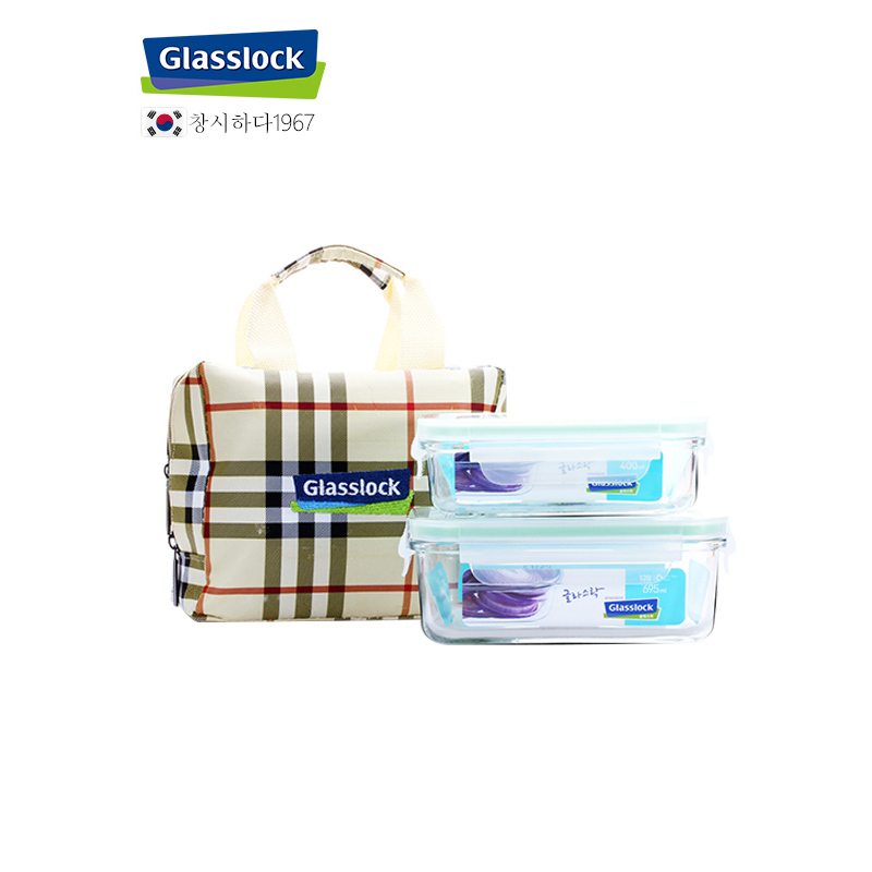 Glasslock韩国进口钢化玻璃饭盒两件套695ml+400ml加厚耐摔便当盒微波炉保鲜盒密封防漏带包包GL23-A