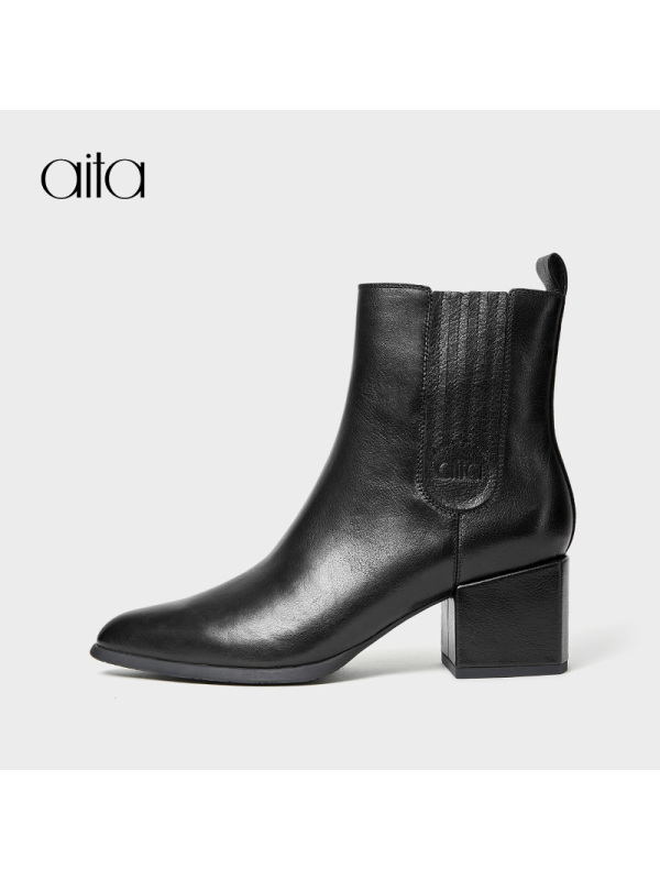 aita艾塔秋冬高跟短靴切尔西靴尖头女靴短筒靴子粗跟短靴