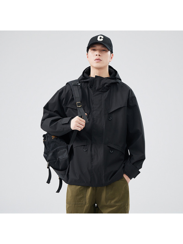 |春季冲锋衣新款工装夹克连帽日系户外男透气外套运动