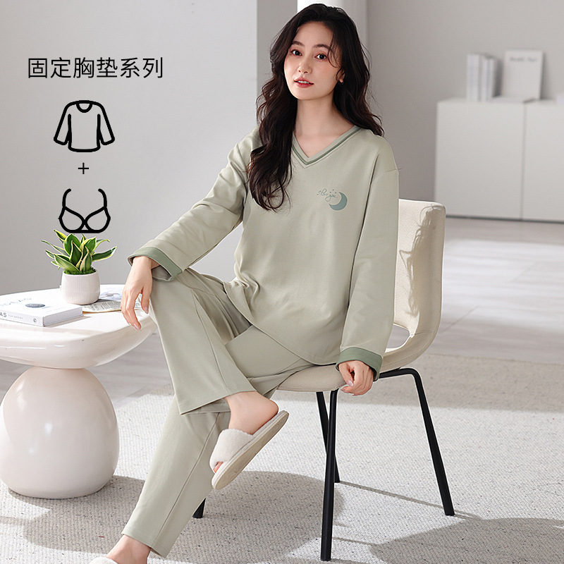 秋冬季睡衣女棉质长袖可爱卡通可外穿家居服女韩版带胸垫休闲套装