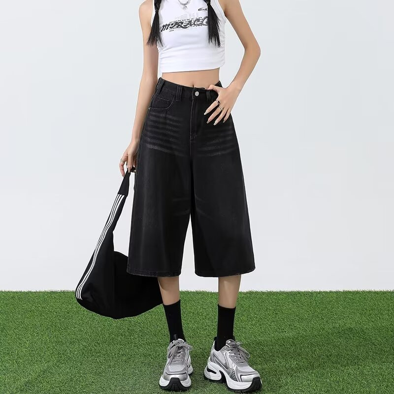 美式街头高腰阔腿七分牛仔短裤女夏季新款黑色水洗宽松直筒裤子潮