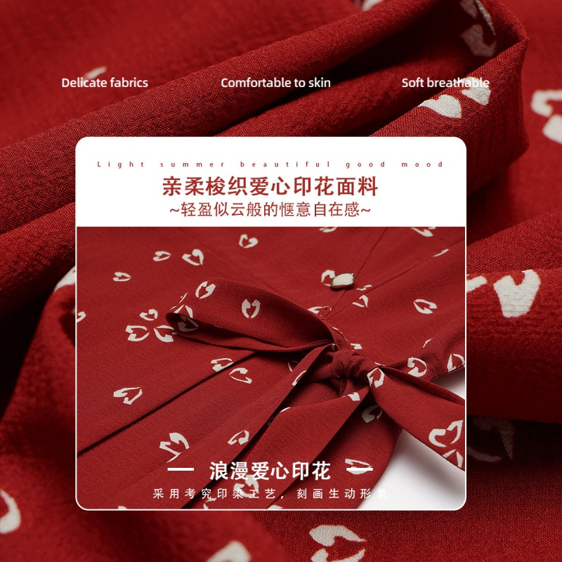 OUNIXUE欧昵雪 | [时尚爱心茶歇裙]夏季复古半开翻领系带装饰A字连衣裙女