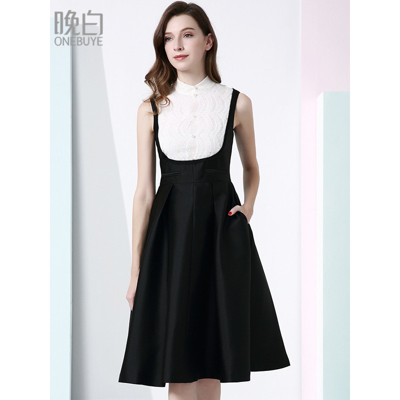 晚白 新款无袖修身显瘦韩版中长款假两件撞色礼服连衣裙