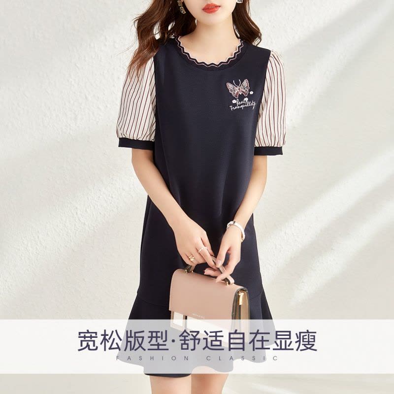 OUNIXUE欧昵雪 | [慵懒风蝴蝶绣花鱼尾裙]夏季时尚波浪型罗纹圆领女士连衣裙图片