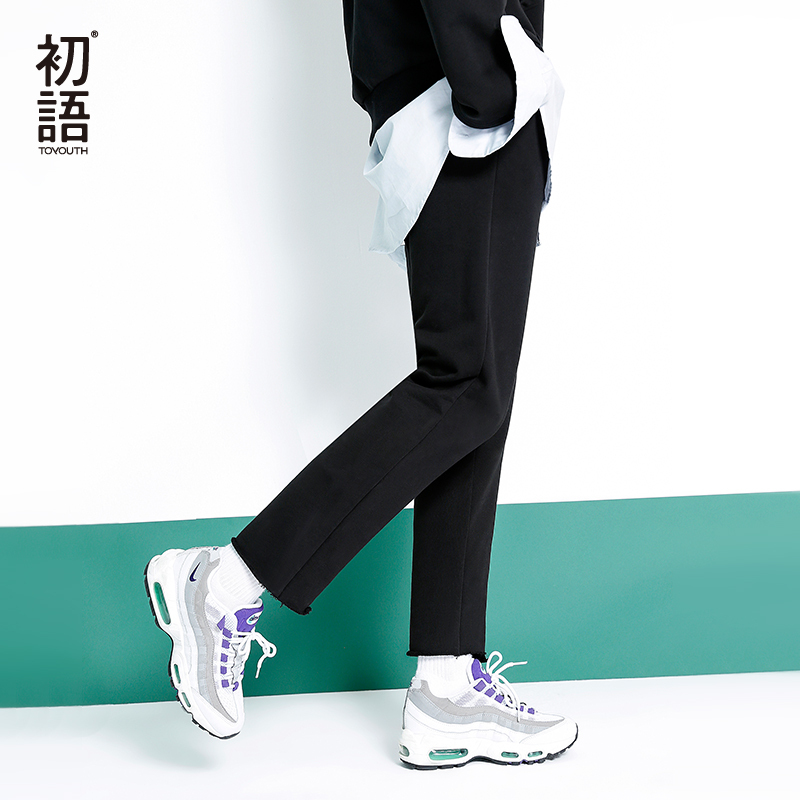 初语抽绳绑带直筒显瘦毛边裤脚卫衣裤女直筒休闲裤