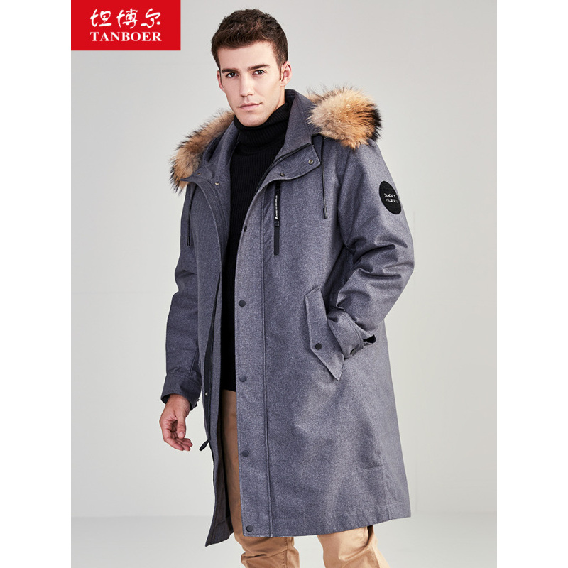 坦博尔2019鹅绒羽绒服男中长芬兰大毛领可拆卸内胆冬外套ta19799