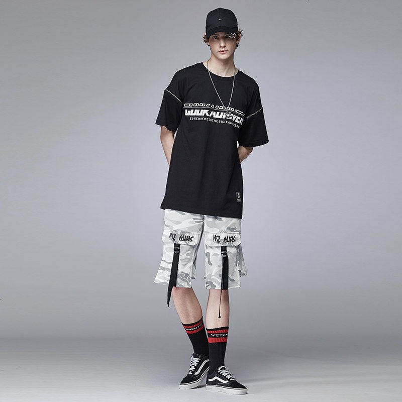 Guuka夏季工装裤男潮牌 青少年街舞嘻哈多口袋迷彩短裤五分裤宽松