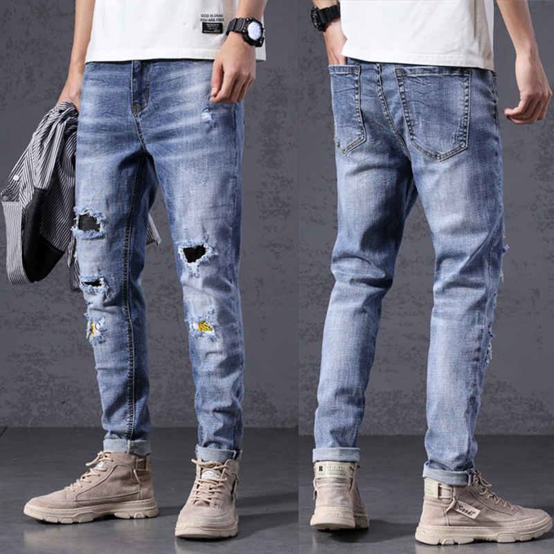 ceba牛仔裤男破洞弹力韩版少年流行贴布长裤男修身百搭街潮男裤