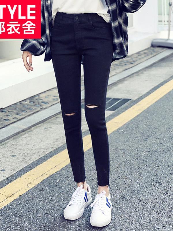 韩都衣舍2018韩版女装春装新款修身破洞小脚牛仔长裤MM8722煜