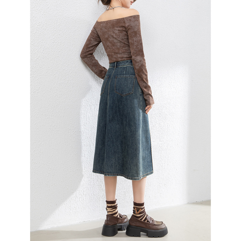 韩版复古中长牛仔裙女2025年春季大码高腰宽松A字半身裙