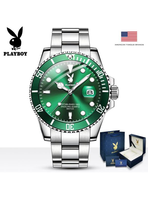 花花公子(PLAYBOY)绿水鬼手表男士十大正石英表正品时尚防水名表精钢表带