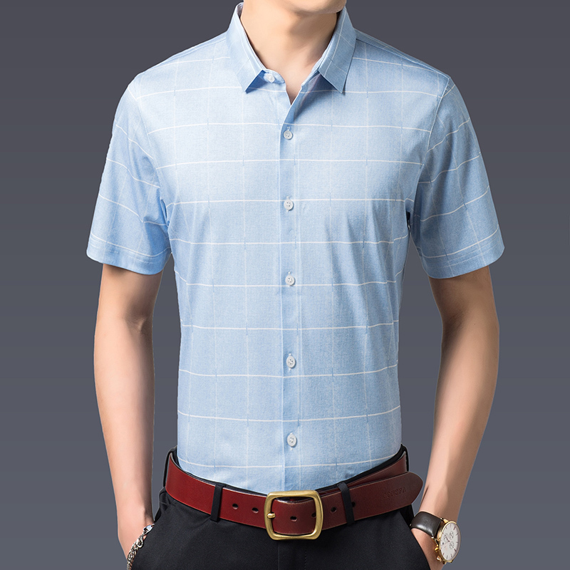 恒源祥男士短袖衬衫夏季薄款含桑蚕丝男衬衫休闲格子衬衣男
