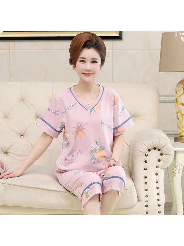 可外穿睡衣女夏季棉质短袖七分裤中老年妈妈宽松加大码家居服套装