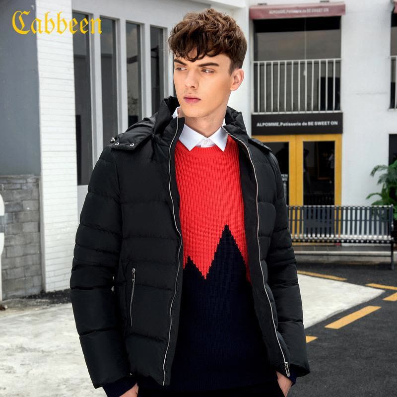 卡宾男装灰鸭绒保暖羽绒服冬季潮流修身抽绳连帽外套B图片