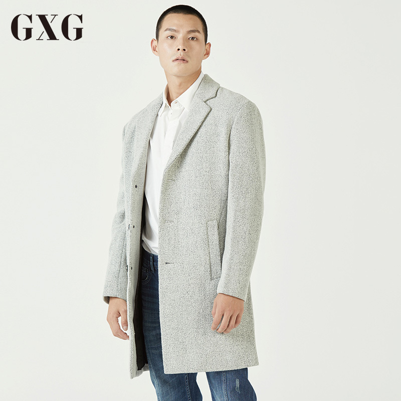 GXG男装冬季男士修身时尚休闲都市流行白色毛呢大衣