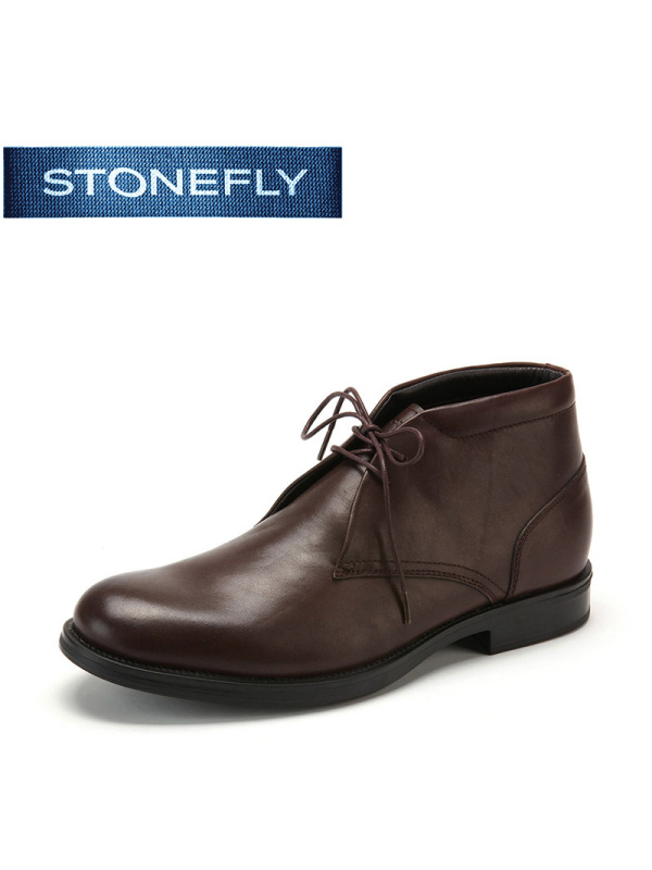 斯通富来（STONEFLY） 冬季牛皮圆头平跟纯色休闲系带短靴男鞋