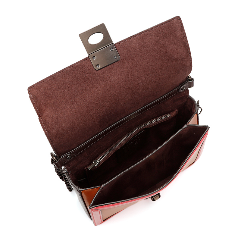 蔻驰2021新款coach奢侈品女士专柜款咖色拼色牛皮革单肩斜挎链条包