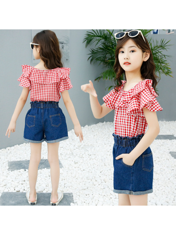 JuSen ShaYu新款夏季2022女童套装中大童格子短袖牛仔热裤潮