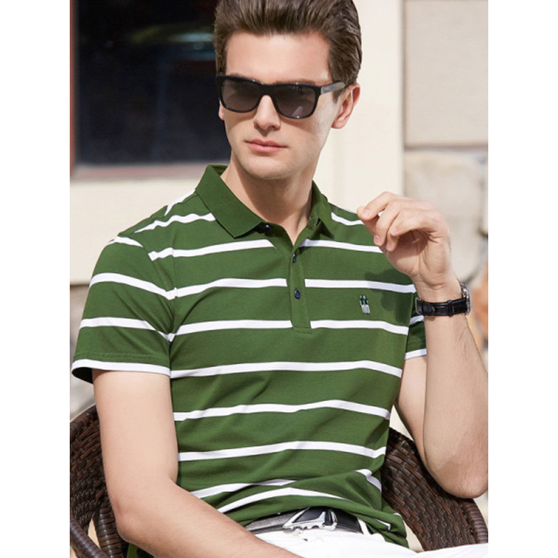 传奇保罗polo衫男短袖2018春季新款军绿条纹拼色商务休闲翻领t恤