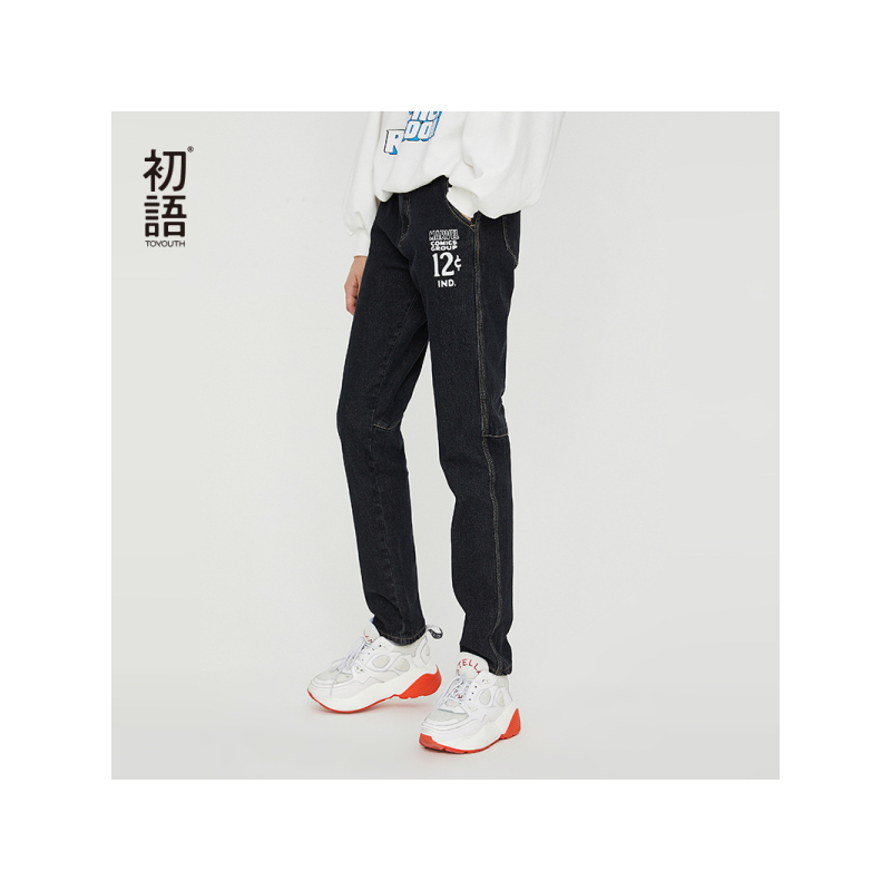 初语漫威字母印花小脚铅笔九分裤显瘦韩版女打底牛仔裤