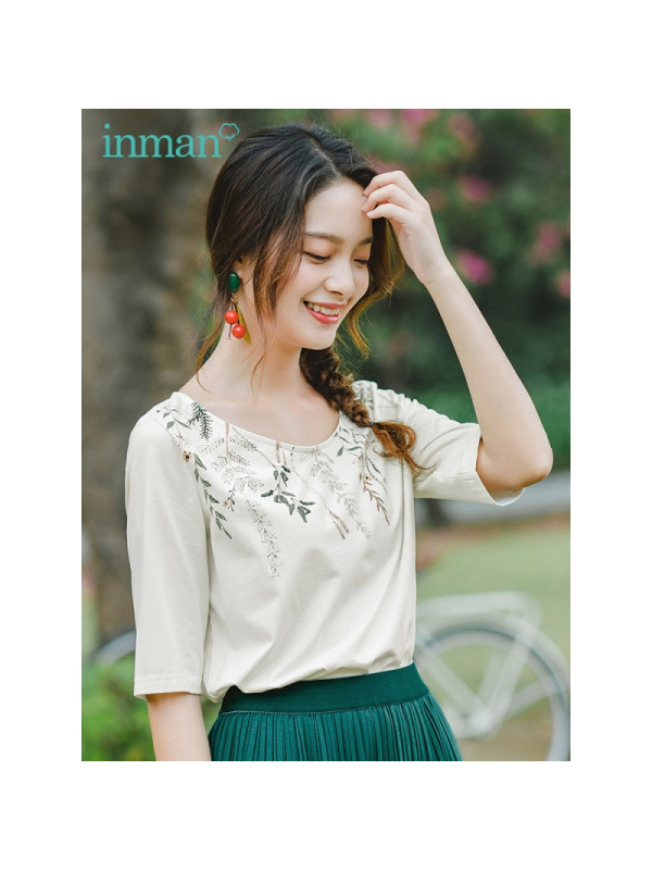 茵曼T恤女清新2019夏装新款圆领文艺印花休闲宽松显瘦中袖上衣