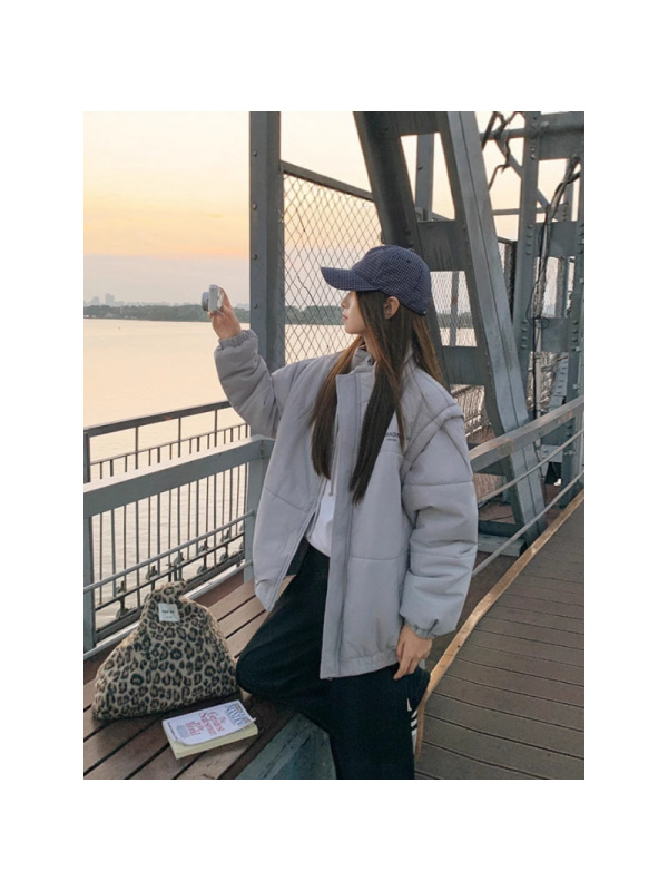 年冬季时尚加厚棉服女袖子可拆卸男女同款宽松保暖情侣装外套