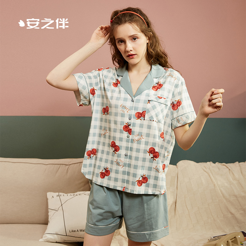 安之伴睡衣女夏纯棉弹力针织印花国民领短袖女套装