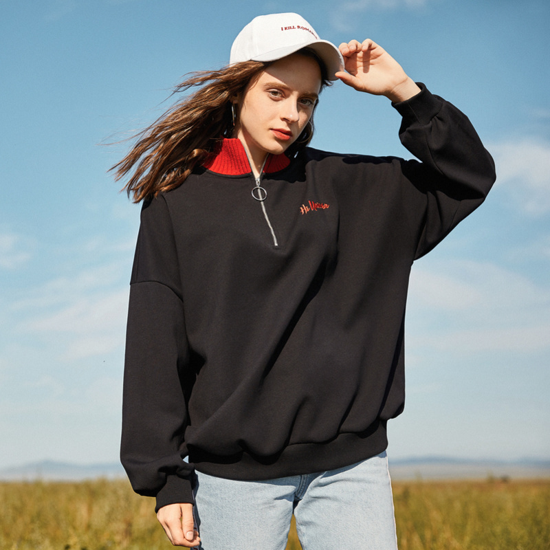 semir森马卫衣女青年春秋时尚加绒加厚潮流撞色套头衫chic拉链上衣