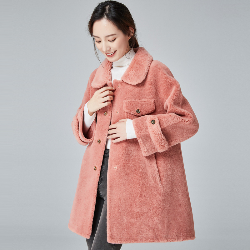 恒源祥翻领颗粒羊剪绒大衣女秋冬中长款a字显瘦仿皮外套含羊毛