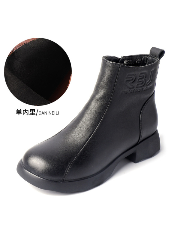 真皮圆头厚底短靴女秋冬新款复古粗跟软底单靴百搭加绒马丁靴