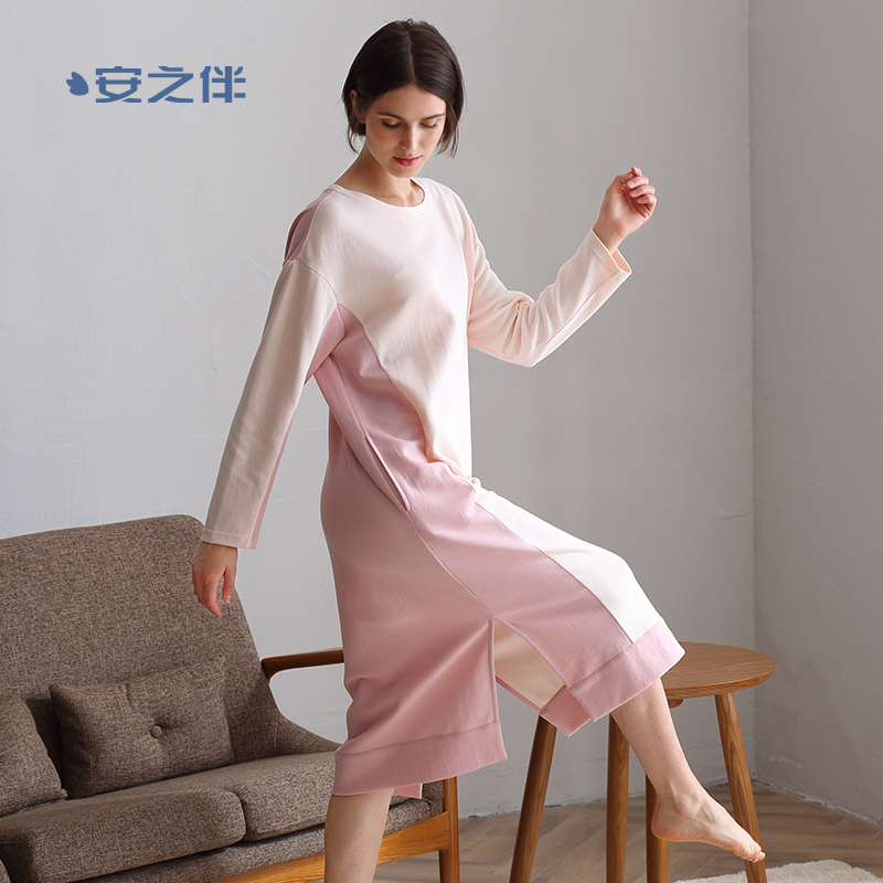 安之伴睡裙女秋季纯棉简约中长款宽松大码全棉家居服春秋女士睡衣