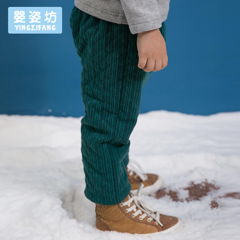 婴姿坊童装男童加绒加厚收脚长裤宝宝松紧格子棉裤冬季