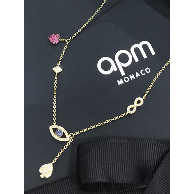 【apm MONACO】金黄色幸运符锁骨链爱心形镶红刚玉S925银项链吊坠女士颈链时尚毛衣链配饰
