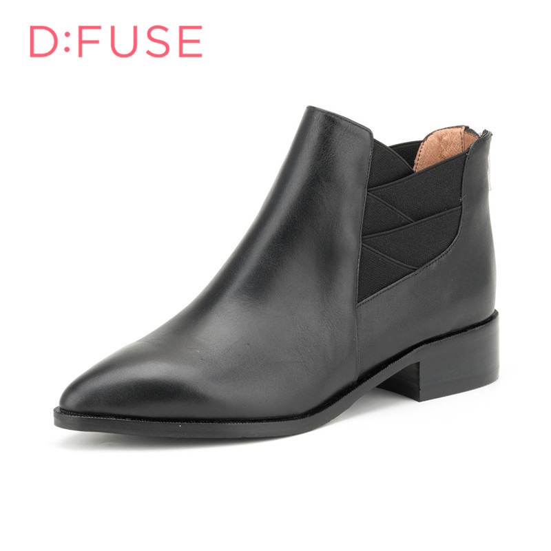 迪芙斯D:FUSE牛皮尖头中跟套脚纯色短靴女鞋DF64117203