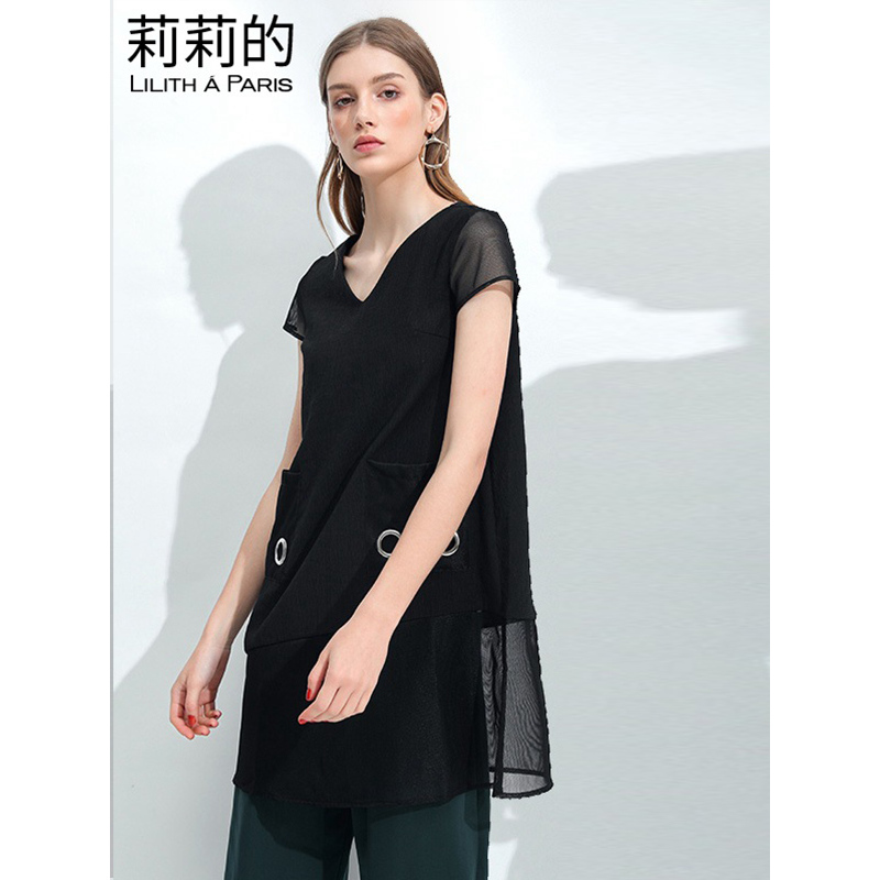 莉莉的 女式短袖衬衫2018夏季新款女装拼接上衣金属装饰V领黑色显瘦衬衫