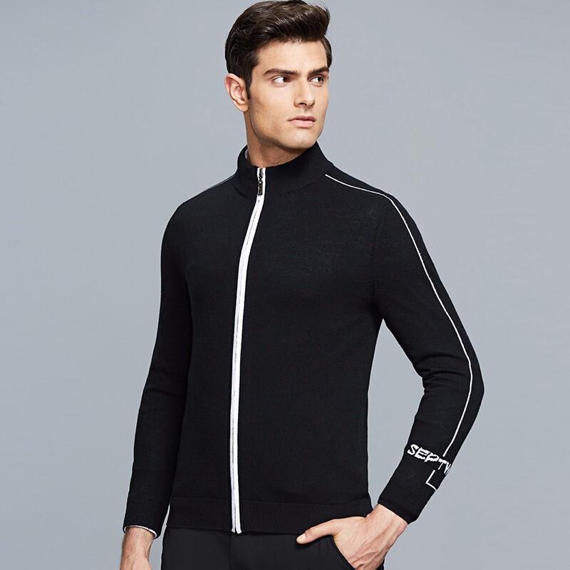 七匹狼羊毛衫男士秋季时尚商务休闲合体纯羊毛开襟厚毛衫001(黑色)