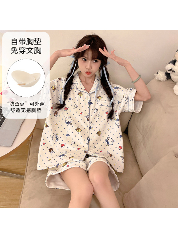 带胸垫夏季女仿棉开衫短袖宽松加大码翻领韩版卡通休闲家居服套装