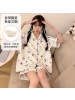 带胸垫夏季女仿棉开衫短袖宽松加大码翻领韩版卡通休闲家居服套装