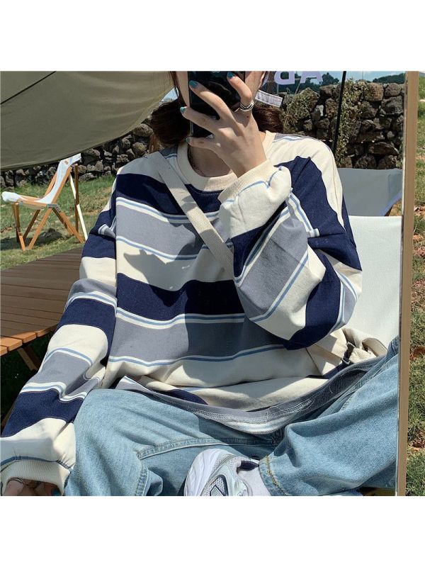 韩版条纹T恤女装宽松百搭新款春秋季中长款长袖上衣服ins潮
