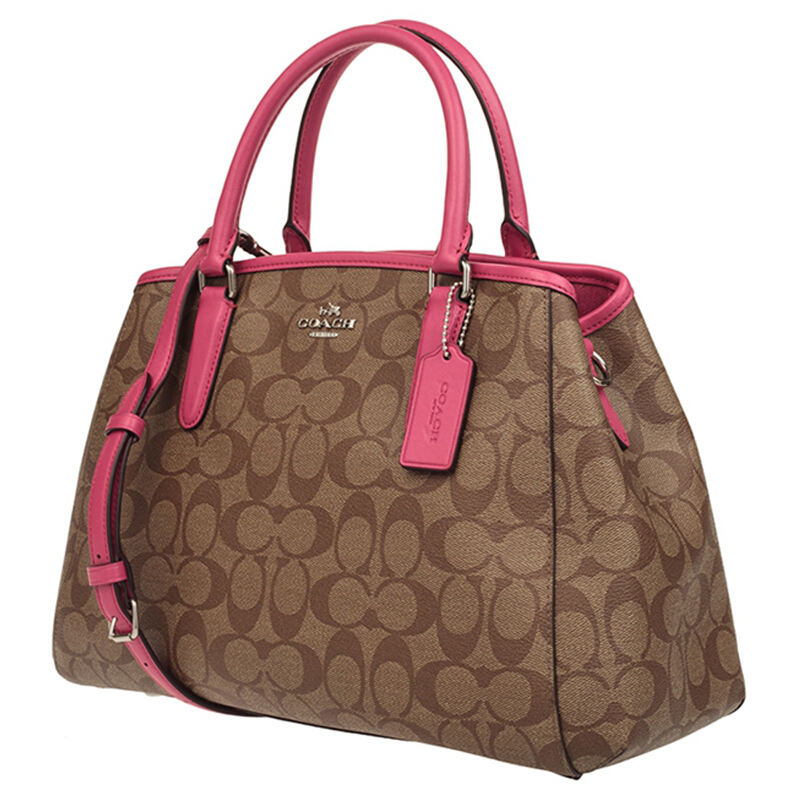 COACH 蔻驰 奢侈品 女士卡其配粉边PVC单肩手提包