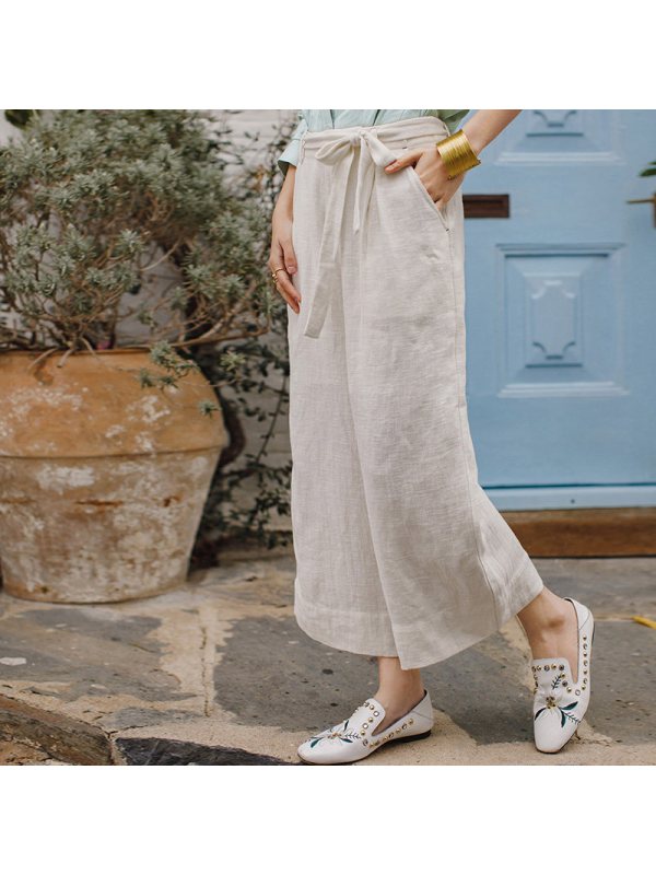 茵曼(inman)女士休闲裤 茵曼春新款白色系带苎麻阔腿裤女宽松休闲棉麻